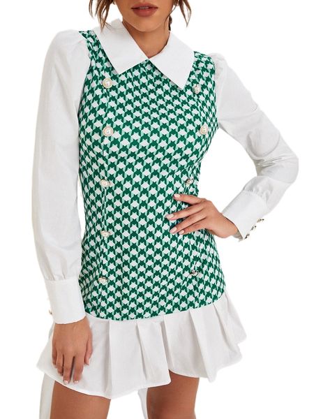 

houndstooth print fold pleated hem colorblock 2 in 1 dress x9gf#, Black;gray