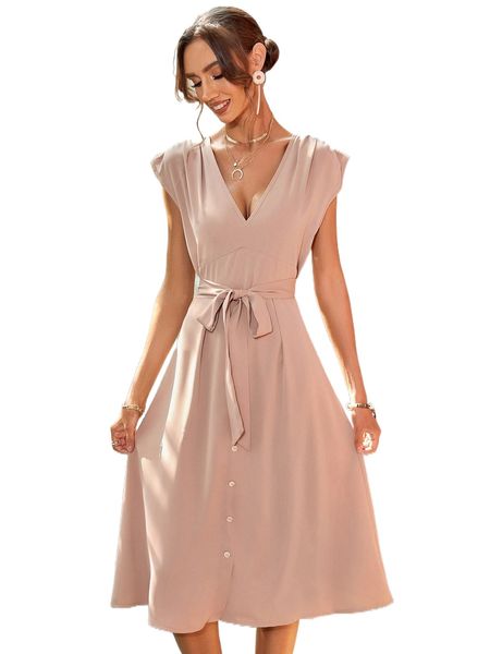 

solid button front belted v-neck dress m6ty#, Black;gray