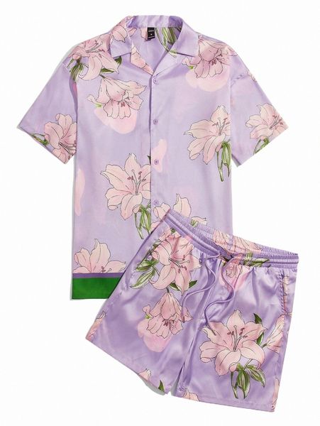 

men floral print contrast trim shirt & drawstring waist shorts z5bq#, Gray