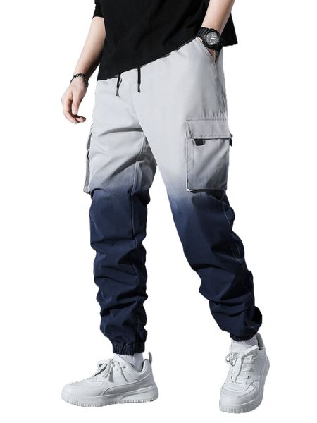 

men ombre flap pocket side drawstring waist cargo pants d7sj#, Black