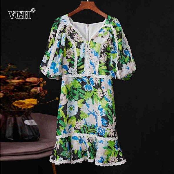 

print green floral dress for women v neck short sleeve high waist patchwork mini hit color dresses female fashion style 210507, Black;gray