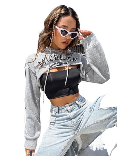 

letter graphic drop shoulder drawstring hoodie d786#, Black