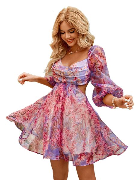 

random floral print lantern sleeve backless dress g2lj#, Black;gray