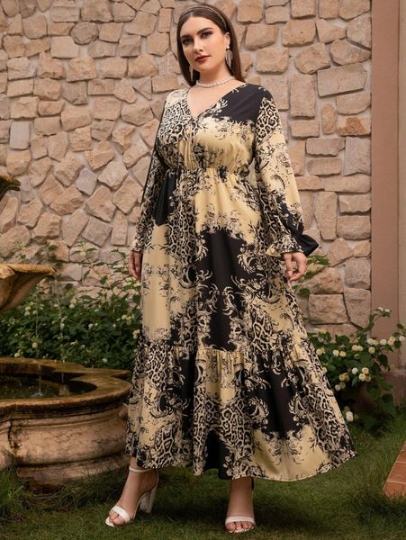 

plus baroque & leopard print flounce sleeve ruffle hem dress 43ha#, Black