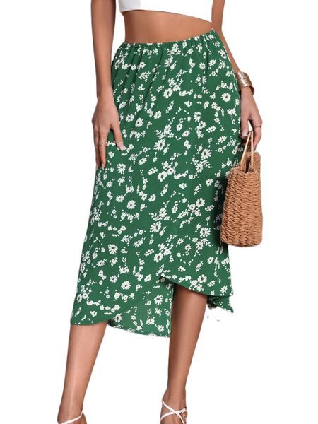 

floral print asymmetrical hem skirt j50z#, Black