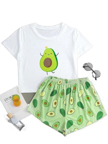 

cartoon and avocado print pajama set w7pe#, Black;red