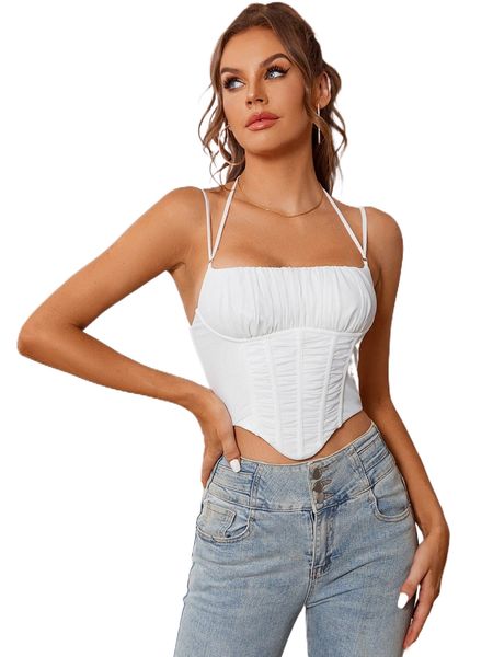 

parthea ruched bust zipper back bandana hem mesh cami l6mp#, White