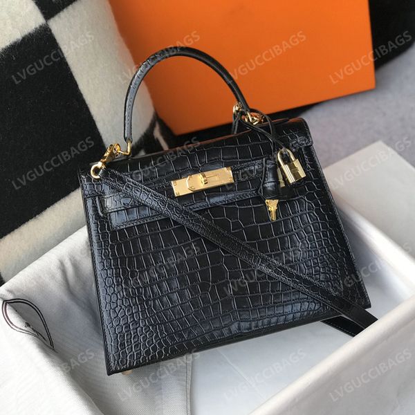 

luxury designer messenger bag 2022 second generation crocodile leather 25cm black single strap leather metal accessories silk scarf ladies f