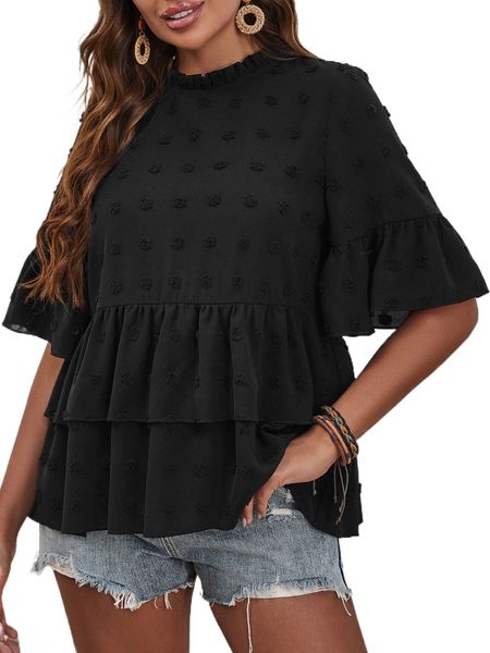 

swiss dot flounce sleeve frilled neck layered hem blouse v1tp#, White