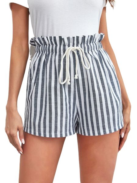 

striped paper bag waist drawstring shorts l066#, White;black