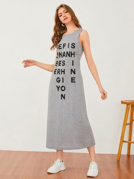 

letter graphic split back tank dress s9o1#, Black;gray