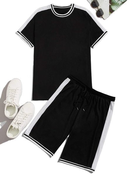 

men contrast side seam ringer tee & drawstring waist shorts z22t#, Gray