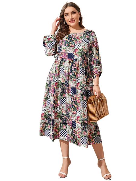 

plus patchwork print roll tab sleeve dress w6ei#, Black