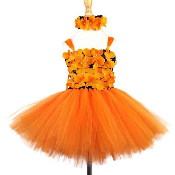 Mädchen Orange Blütenblätter Tutu Kleid Kinder Schwarz Häkeln Ballett Tüll Kleid mit Stirnband Kinder Halloween Party Kostüm Kleid G220428