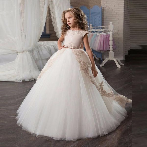 Mädchenkleider Romantisches Champagner-Puffy-Spitze-Blumenmädchenkleid für Hochzeiten Organza-Ballkleid Party Kommunion Festzug nach Maß