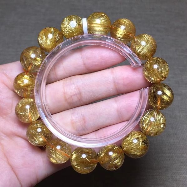 

natural gold rutilated quartz crystal bracelet 13mm clear round beads woman men cat eye genuine jewelry brazil aaaaaaa, Silver