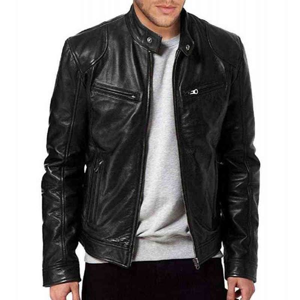 

2021 sell chic men autumn solid color long sleeve stand collar faux leather zipper motorcycle jacket stylish man clothing l220801, Black;brown
