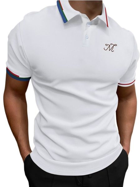 

men letter graphic contrast trim polo shirt w2n8#, White;black