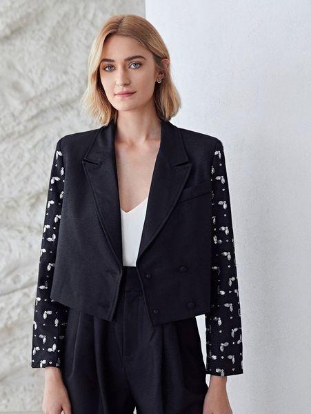 

motf premium contrast sequin crop blazer 26c7#, White