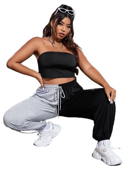 

plus solid crop tube & two tone sweatpants w67t#, Black