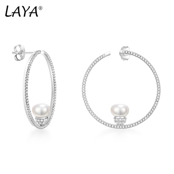 

laya nature pearl hoop earrings for women pure 925 sterling silver shiny white cubic zirconia elegant fine jewelry 2022 trend, Golden;silver