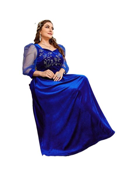 

plus floral embroidery mesh sleeve velvet dress t8uw#, Black