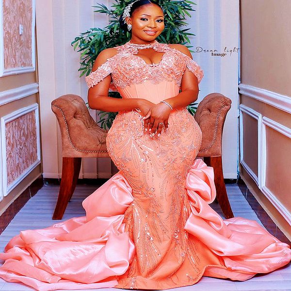 

2022 plus size arabic aso ebi mermaid luxurious stylish prom dresses lace beaded evening formal party second reception birthday engagement g, Black