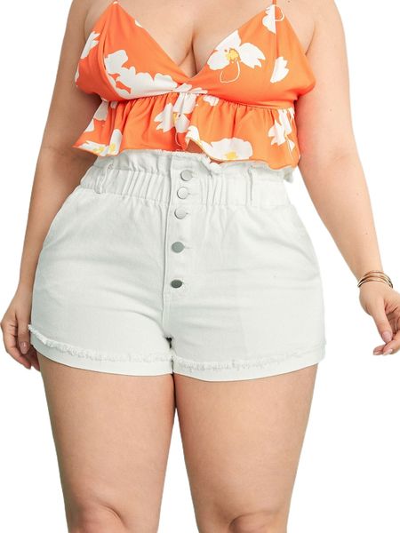 

plus paperbag waist button front denim shorts v01h#, White;black