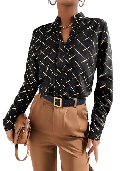 

argyle print notched neckline blouse s8xp#, White