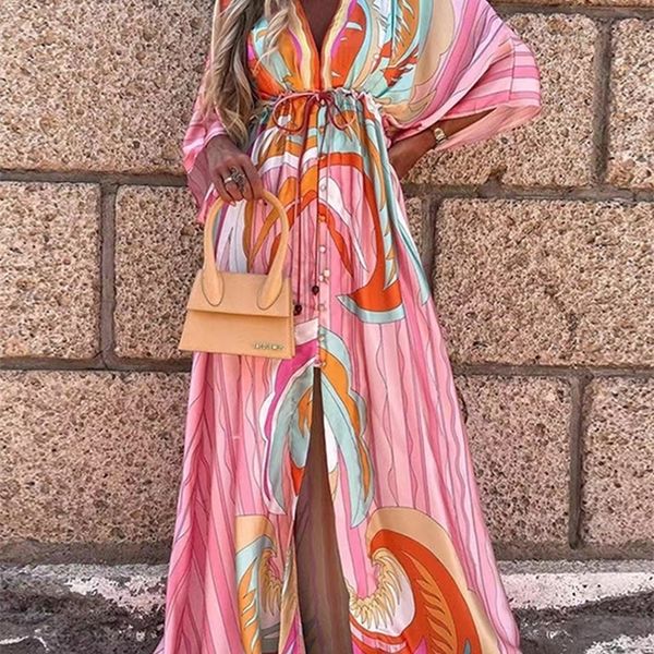 

summer print casual women dresses oversized holiday beach boho long coverup female sleeve loose tunic 220815, Black;gray