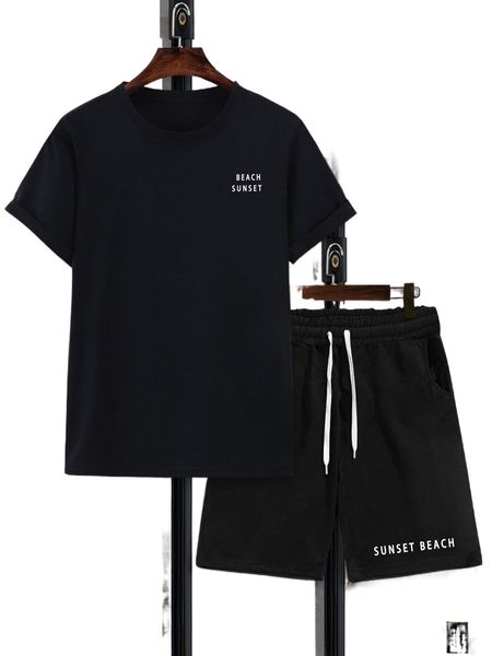 

extended sizes men letter graphic tee & shorts q3s1#, Gray