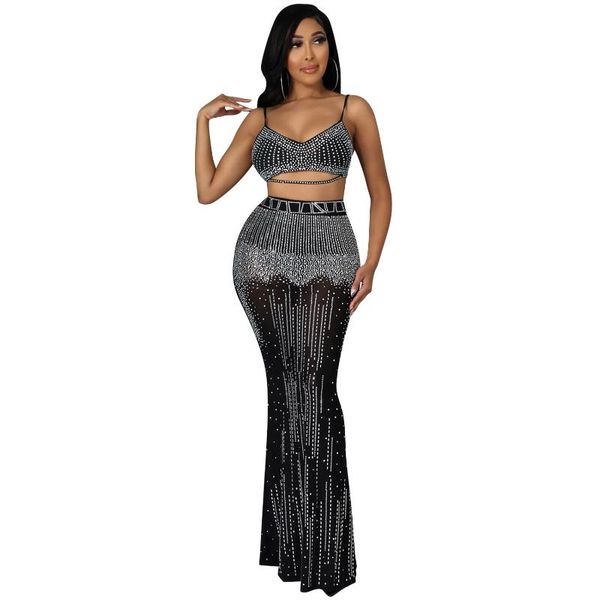 Arbeitskleider Zoctuo Zweiteilige Rock-Sets Club Party Mesh Sheer Diamonds Sexy Straps Crop Top Röcke Set Mädchen Streetwear Fashion Frauen Outfit