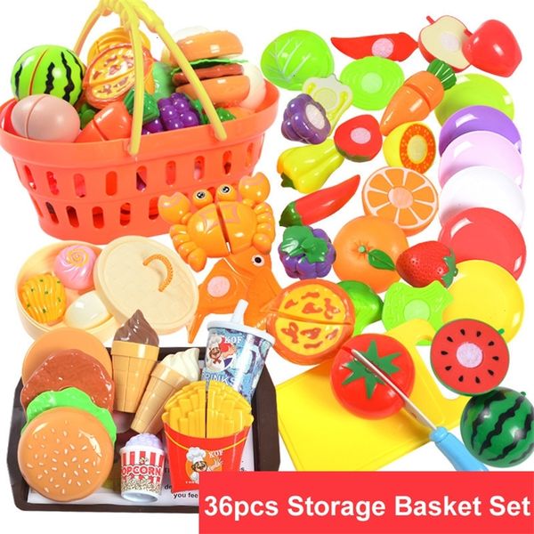36 pcs / conjunto de brinquedos de cozinha cortando frutas legumes alimento meninas carrinho de compras de carrinho de compras para crianças casa jogar jogo lj201214