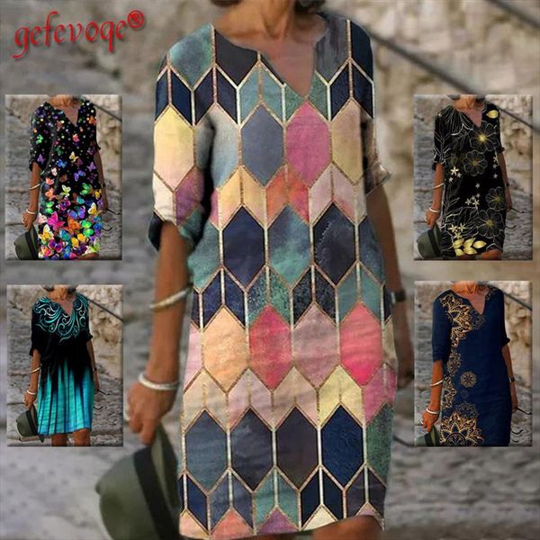 

half sleeved v neck printed loose dress womens fashion casual vintage spring autumn all-match beach dresses vestidos, Black;gray