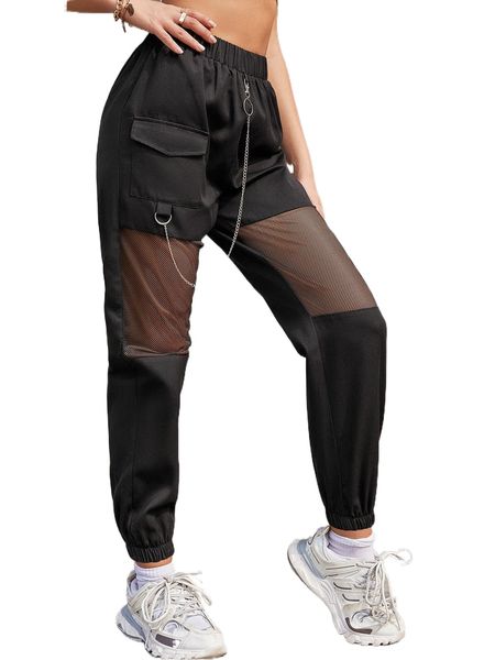

chain detail contrast mesh flap detail pants d6pg#, Black;white