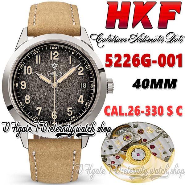 

hkf calatrava mens watch hk5226g-010 cal.26-330 s c hk26-330 automatic textured charcoal dial number markers steel case brown leather super, Slivery;brown