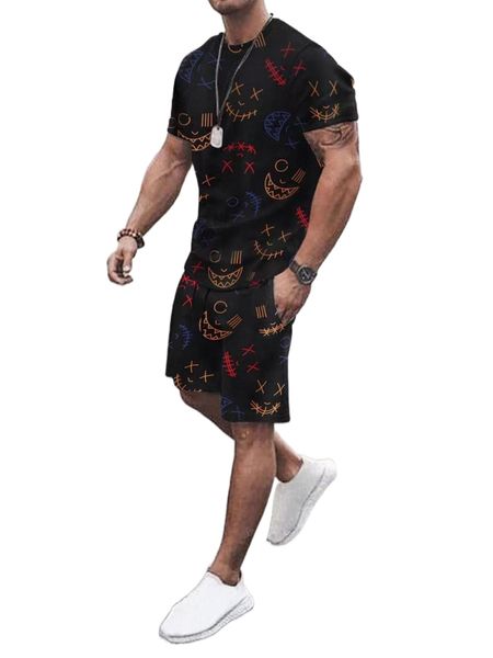 

men cartoon graphic tee & drawstring waist shorts c5sj#, Gray