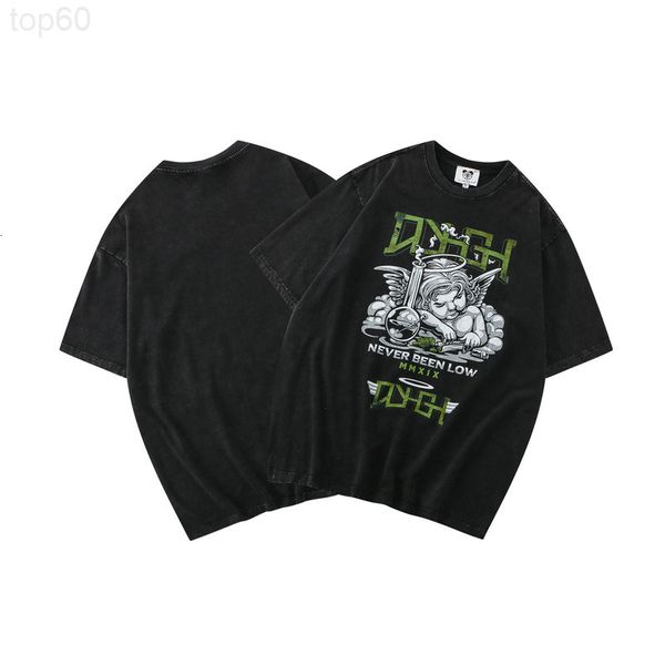 

men's t-shirts designer chaopai street leisure short sleeve t-shirt 260g double yarn cotton used washing angel print t-shirt men h59q, White;black