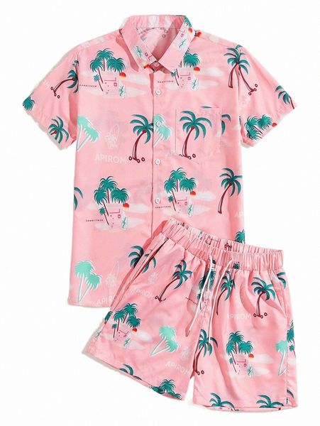 

men tropical and letter graphic shirt & drawstring waist shorts g86k#, Gray