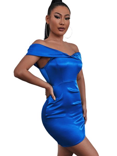 

off shoulder ruched side tulip hem satin bodycon dress 80r1#, Black;gray