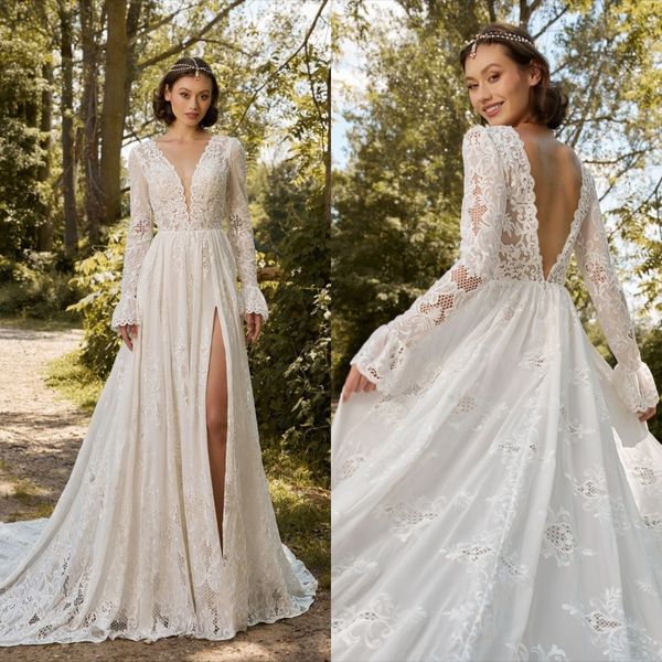 Una linea di abiti da sposa per le donne 2022 Boho Abiti da sposa in pizzo a maniche lunghe con apertura sul retro e spacco Robe de Mariage