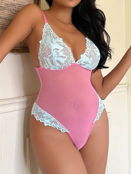 

contrast lace mesh teddy bodysuit r6xw#, Black;red