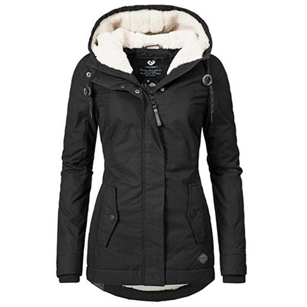 

women autumn winter jacket coat fleece warm windproof slim outerwear fashion zip up pocket hooded drawstring overcoat parka 201125, Black