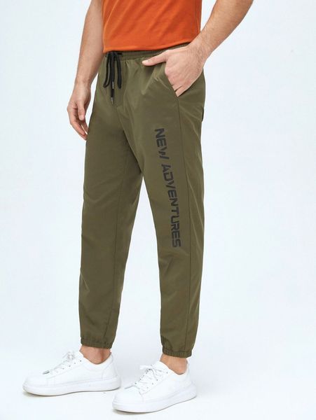 

men letter graphic drawstring waist pants 25ig#, Black
