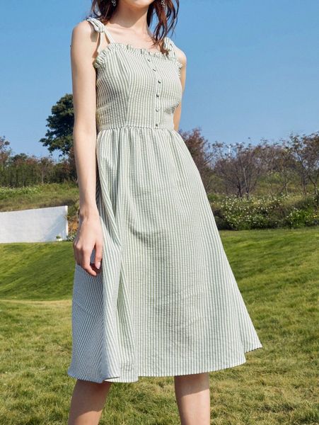 

gingham print frill trim tie shoulder cami dress f1i5#, Black;gray