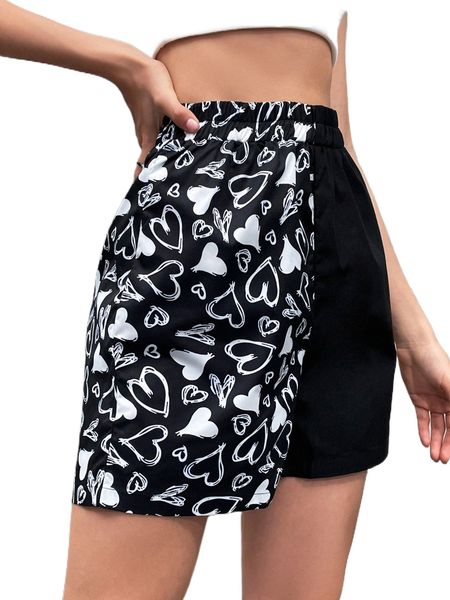 

heart print elastic waist shorts q4b7#, White;black