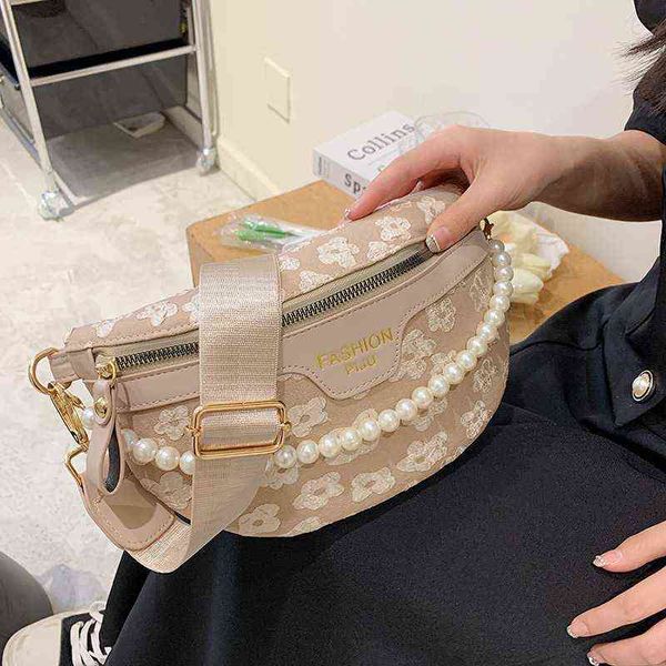 

hbp crossbody bag elegant floral canvas waist for women 2022 stylish pearl beads packing female fanny pack wide band chest 220727