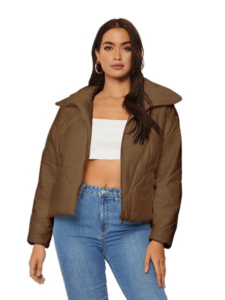 

sxy solid zipper up crop quilted coat s1rm#, Black