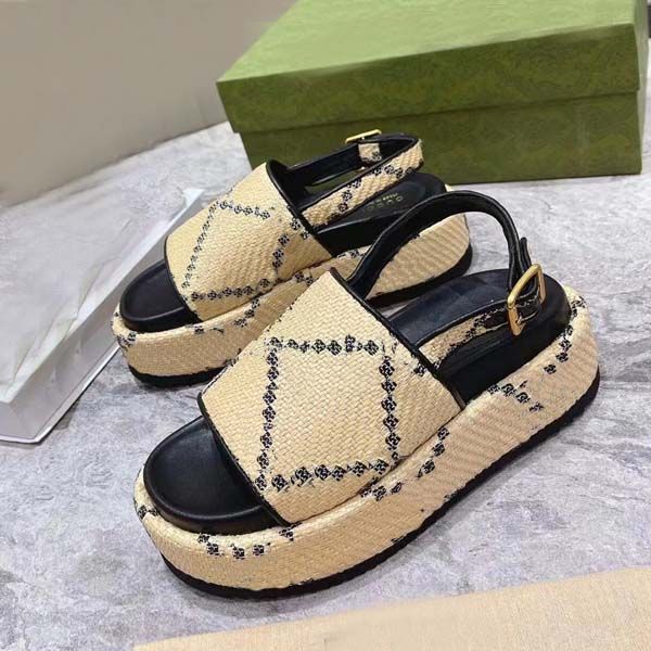 

luxury designer womens sandals platform wedge lafite canvas thick bottom casual shoes outdoor beach slippers size 35-44 with box, Black