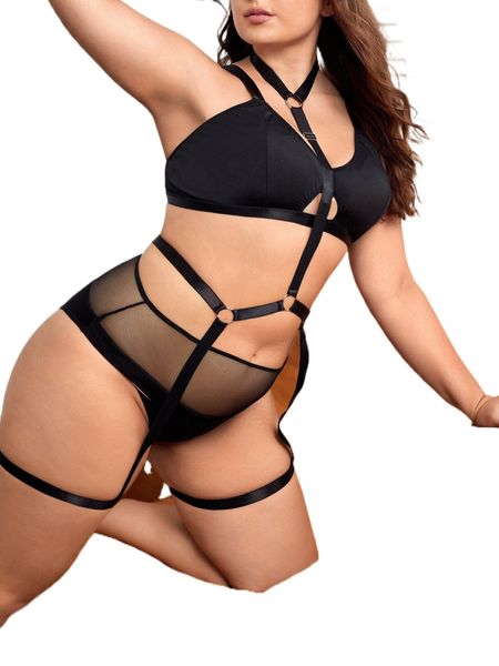 

plus 3pack ring linked contrast mesh garter lingerie set v0ji#, Black;white